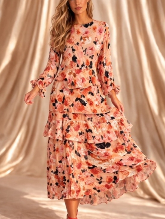 Jaase Dresses & Skirts - Jaase Tiered Long Sleeve Maxi Dress - Peach Pink